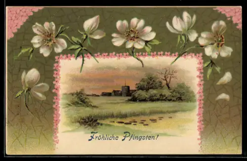 Präge-AK Abendliche Landschaft im Wildrosen-Passepartout