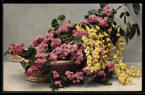 AK Gefüllter Weissdorn und traubiger Goldregen in einem Korb