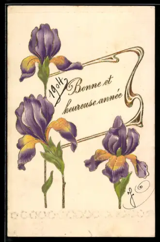 Präge-AK Violette Schwertlilien mit Neujahrsgruss