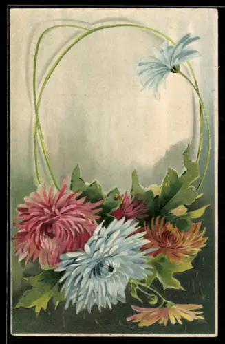 Präge-AK Rote und Blaue Dahlien in Blüte