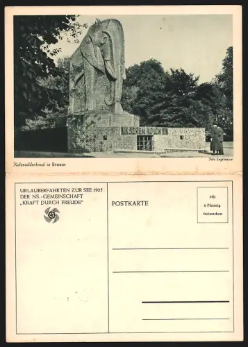 Menükarte 1935, Dampfer Der Deutsche, Norddeutscher Lloyd, Frühstück für den 20.4.1935, Grafik Kolonialdenkmal Bremen