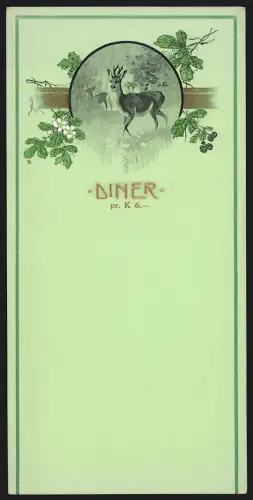 Menükarte Blanko, Diner pr. K 6, Grafik Hochwild auf einer Waldlichtung und florale Ornamentik