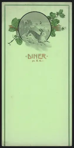 Menükarte Blanko, Diner pr. K 6, Grafik Hase in Winterlandschaft, Jäger schiesst auf Wildenten