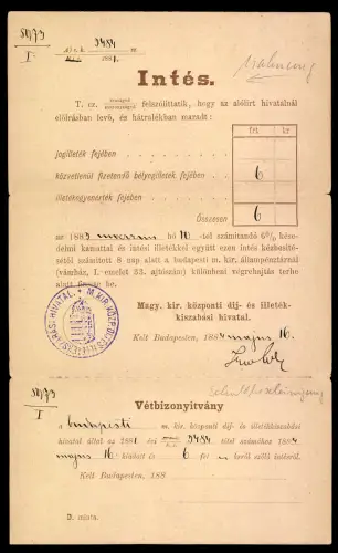 Vorläufer-Klapp-AK Magy. kir. központi dij- és illeték-kiszabási hivatal, 1884, Ganzsache