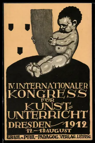AK Dresden, IV. Internationaler Kongress für Kunst-Unterricht 1912, Kind liest ein Plakat, Jugendstil