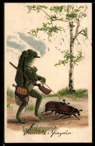 Künstler-AK Ein Frosch geht auf die Jagd, vermenschlichte Tiere, Pfingstgruss