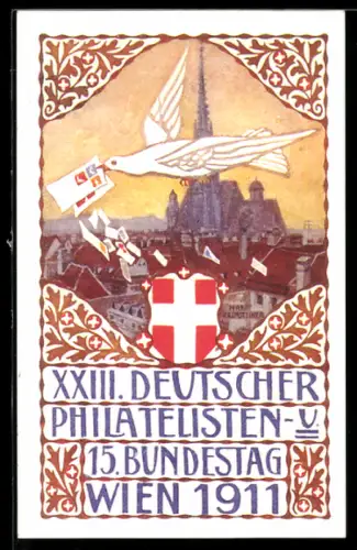 Künstler-AK H. Kalmsteiner: Wien, XXIII. Deutscher Philatelisten- u. 15. Bundestag 1911, Taube über dem Ort