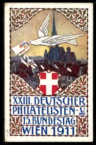Künstler-AK H. Kalmsteiner: Wien, XXIII. Deutscher Philatelisten- u. 15. Bundestag 1911, Taube über dem Ort