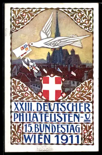 Künstler-AK H. Kalmsteiner: Wien, XXIII. Deutscher Philatelisten- u. 15. Bundestag 1911, Taube über dem Ort