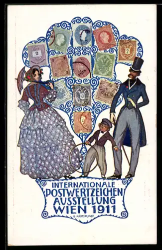 Künstler-AK H. Kalmsteiner: Wien, Internationale Postwertzeichen-Ausstellung 1911, Paar mit Kind, Briefmarken