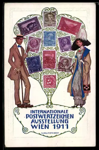 Künstler-AK H. Kalmsteiner: Wien, Internationale Postwertzeichen-Ausstellung 1911, Paar mit Briefmarken