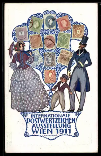 Künstler-AK H. Kalmsteiner: Wien, Internationale Postwertzeichen-Ausstellung 1911, Paar mit Kind, Briefmarken