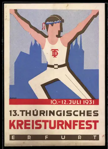 AK Erfurt, 13. Thüringisches Kreisturnfest 1931, Leichtathlet mit Emblem Deutscher Turnerbund