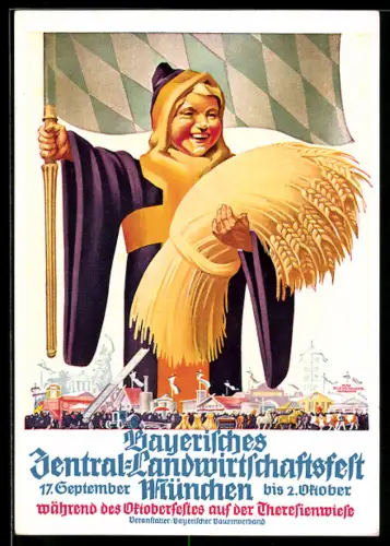 Künstler-AK sign. Max Bletschacher: München, Bayerisches Zentral-Landwirtschaftsfest 1949 während des Oktoberfestes
