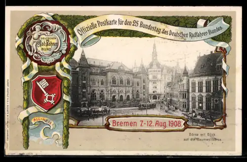 AK Bremen, 25. Bundestag des Deutschen Radfahrer-Bundes 1908, Börse mit Blick auf die Baumwollbörse