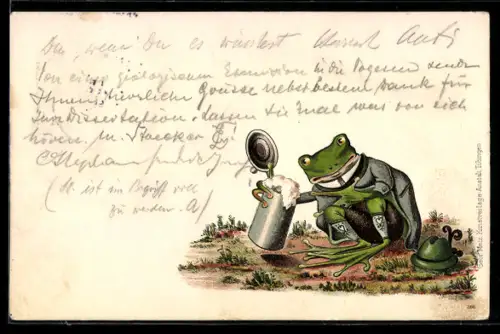 AK Frosch in Jägerkleidung mit Bierkrug