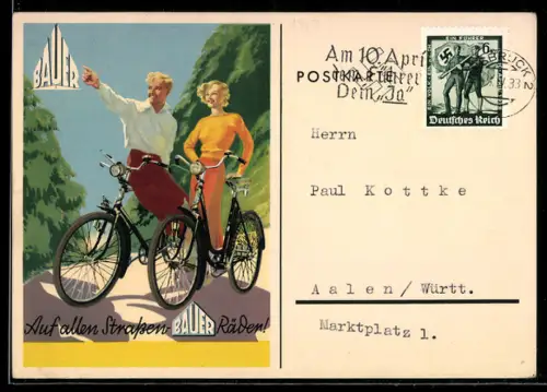 AK Mann und Frau mit Fahrradädern, Reklame für Bauer-Räder