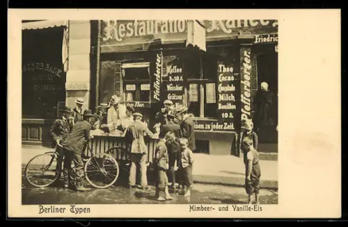 AK Berlin, Himbeer- und Vanille-Eis-Händler vor einem Restaurant, Fahrrad