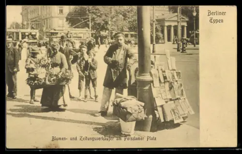 AK Berliner Typen, Blumen- und Zeitungsverkäufer am Potsdamer Platz