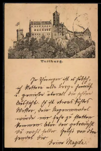 Vorläufer-Lithographie Ganzsache PP6 F154 /05: Eisenach, 1886, Blick auf die Wartburg