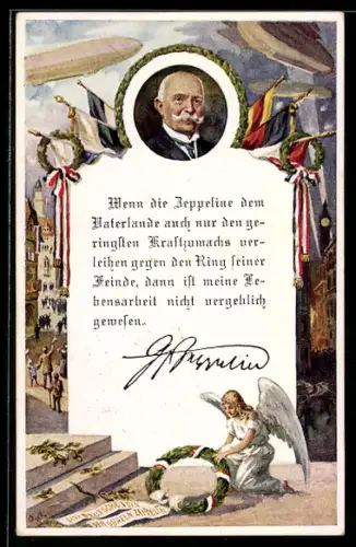 Künstler-AK Portrait von Graf Zeppelin mit Lorbeerkränzen und Engel, Zeppelin