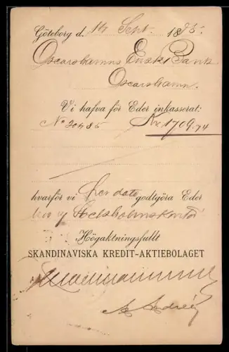 Vorläufer-AK Göteborg, 1885, Skandinaviska Kredit-Aktiebolaget, Ganzsache