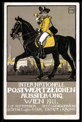 Künstler-AK Wien, Intern. Postwertzeichen-Ausstellung 1911, Postillon zu Pferd, Ganzsache