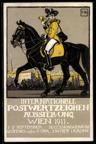 Künstler-AK Wien, Internationale Postwertzeichen Ausstellung 1911, Postreiter bläst sein Horn, Ganzsache
