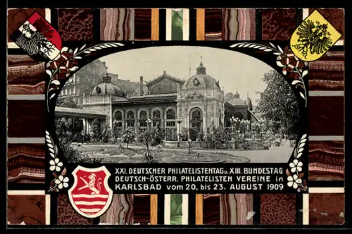 AK Karlsbad, XXI. Deutscher Philatelistentag 1909, Restaurant im Kurpark, Wappen, Ganzsache
