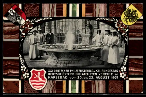 AK Karlsbad, XXI. Deutscher Philatelistentag 1909, Brunnenhaus, Wappen, Ganzsache