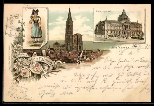 Vorläufer-Lithographie Strassburg, 1893, Kaiserpalast, Münster, Elsässerin in Tracht