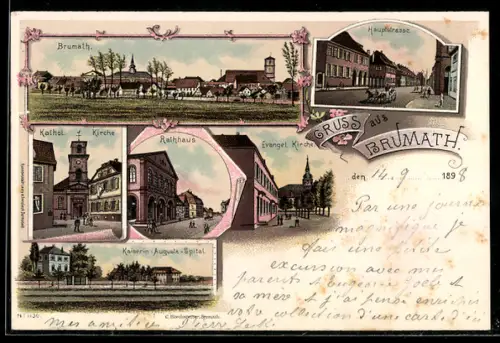 Lithographie Brumath, Kaiserin-Augusta-Spital, Hauptstrasse, Ortspanorama