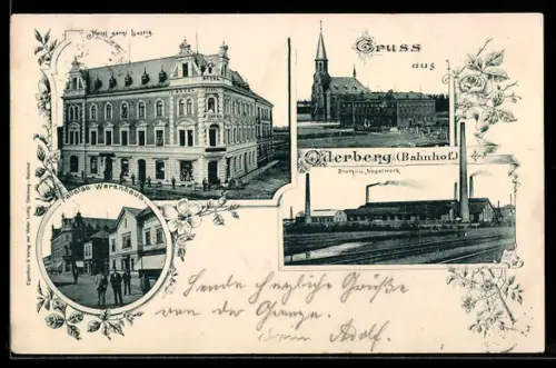 AK Oderberg, Bahnhof, Hotel garni Lustig, Palletas Warenhaus, Draht- und Nagelwerk