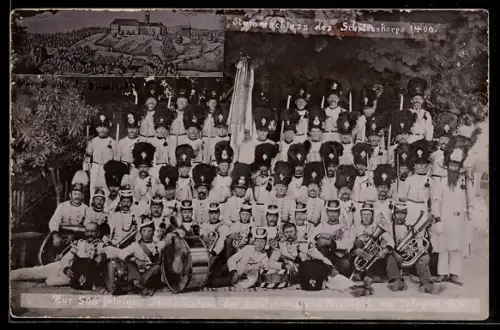 AK Friedburg, 500-jähriges Jubiläum des Schützenkorps im August 1907, Gruppenaufnahme und Stammschloss