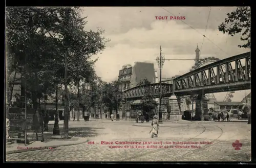 AK Paris, Place Cambronne, Le Métropolitain aérien apercu de la Tour Eiffel et de la Grande Roue