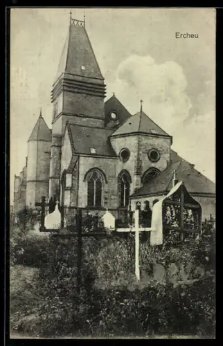 AK Ercheu, Kirche mit Friedhof