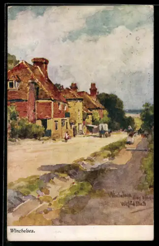 AK Winchelsea, Dorfstrasse mit reetgedeckten Häusern