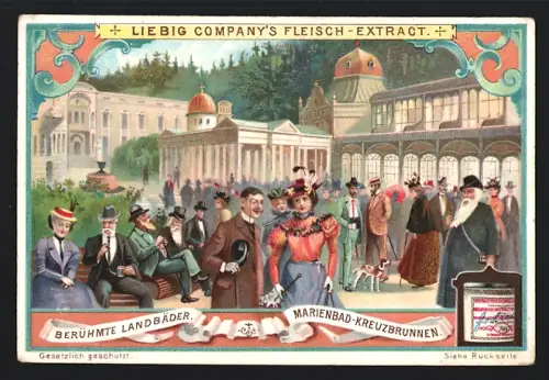 6 Sammelbilder Liebig, Serie Nr. 694: Berühmte Bäder, Wildbad Gastein, Marienbad-Kreuzbrunnen, Spa in Belgien