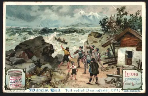 6 Sammelbilder Liebig, Serie Nr. 634: Wilhelm Tell, Tell zu Hause, der Rütli-Schwur, Der Apfelschuss