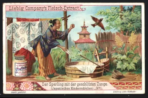 6 Sammelbilder Liebig, Serie Nr. 677: Japanische Kindermärchen, Der Sperling mit der geschlitzten Zunge