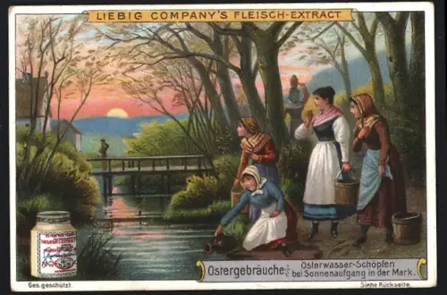 6 Sammelbilder Liebig, Serie Nr. 665: Ostergebräuche, Heimbringen der Speisen in Italien, Fackelzug um die Kirche