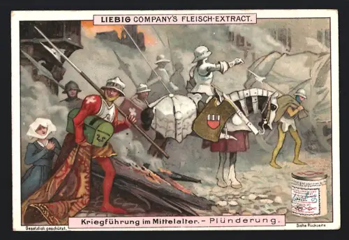 6 Sammelbilder Liebig, Serie Nr. 683: Kriegführung im Mittelalter, Belagerung, Übergabe einer Stadt, Fehdebrief