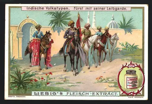 6 Sammelbilder Liebig, Serie Nr. 688: Indische Volkstypen, Schlangenbeschwörer, Fromme Bettler, Waffenhändler