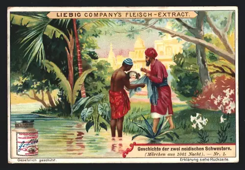 6 Sammelbilder Liebig, Serie Nr. 685: Geschichte der zwei neidischen Schwestern, Am Hof, Bei einem Eremiten, Aufstieg