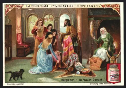 6 Sammelbilder Liebig, Serie Nr. 809: Burgleben, Knappen bei der Waffenübung, Ankunft von Gästen, Turnier