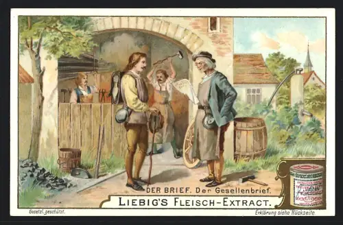 6 Sammelbilder Liebig, Serie Nr. 786: Der Brief, Kaperbrief, Briefschreiber in Italien, Karawanen-Geleitbrief