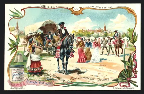 6 Sammelbilder Liebig, Serie Nr. 796: Szenen in Spanien, Auf dem Weg zum Stiergefecht, Pferderennen in Cordova