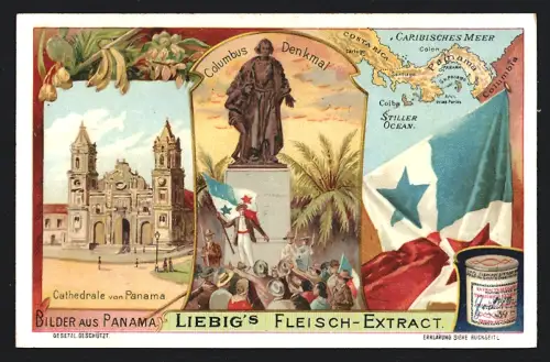 6 Sammelbilder Liebig, Serie Nr. 833: Bilder aus Panama, Das Flechten von Hüten, Eisenbahn in Colon, Panorama
