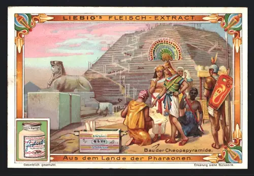 6 Sammelbilder Liebig, Serie Nr. 774: Aus dem Lande der Pharaonen, Ramses mit seinen Kampflöwen, auf der Nilbarke