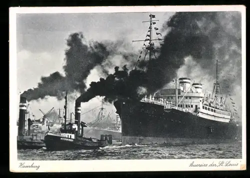 AK Passagierschiffes St. Louis bei der Ausreise aus dem Hamburger Hafen von Schleppern gezogen